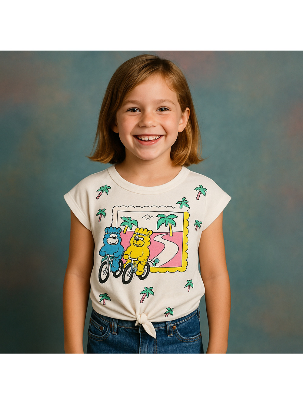 Vintage 80s T-Shirt Youth Size 8 Cartoon Bears on Bicycles Summer Graphic Tee